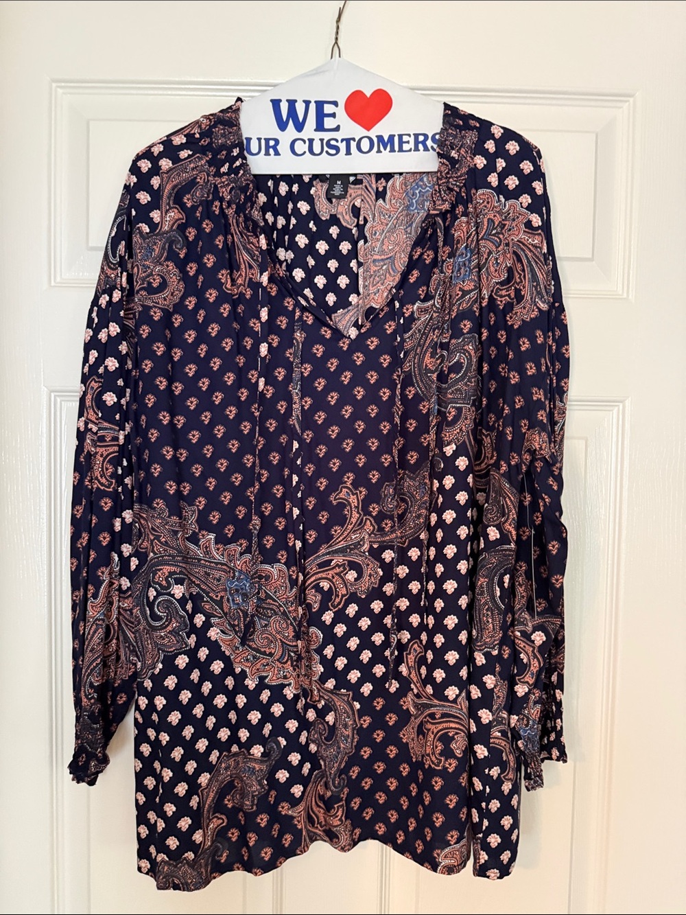 Nine West Navy Paisley V-Neck Tie-Front Long Sleeve Tunic